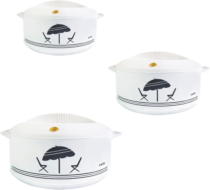 Three white pots with black designs of an umbrella and chair on a white background