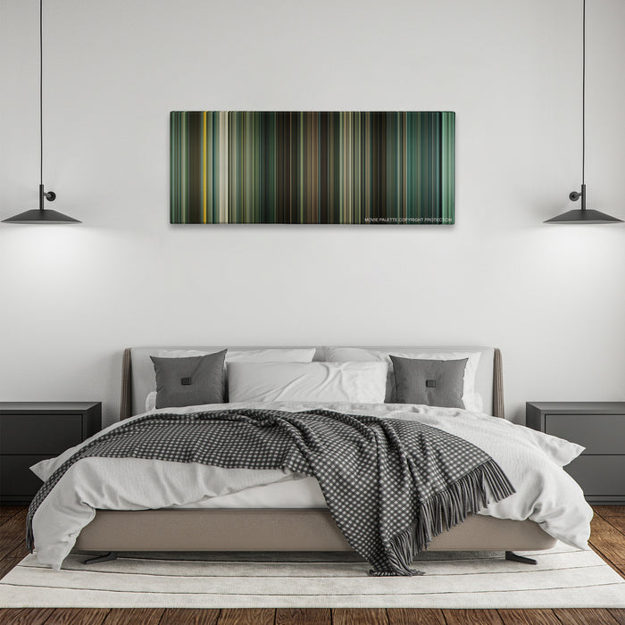Children of Men color palette canvas above a bed, between two black pendant lamps