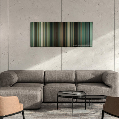 Children of Men color palette canvas on a concrete wall above a gray sectional sofa