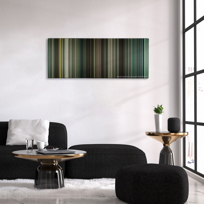 Children of Men color palette canvas above a black sofa with a gold-topped table