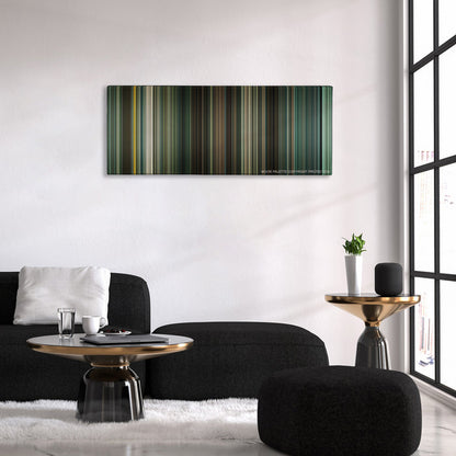 Children of Men color palette canvas above a black sofa with a gold-topped table