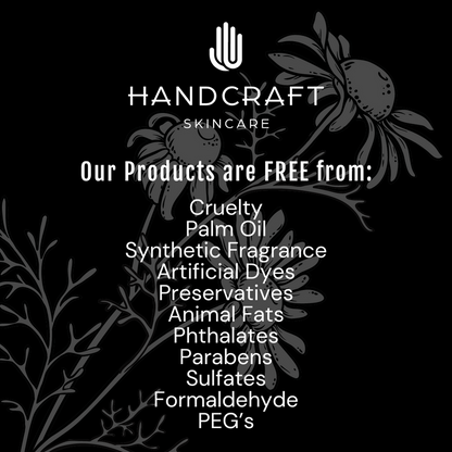All products are free of cruelty, palm oil, synthetic fragrance, artificial dyes, preservatives, animal fats, phthalates, parabens, sulfates, formaldehyde, PEG's