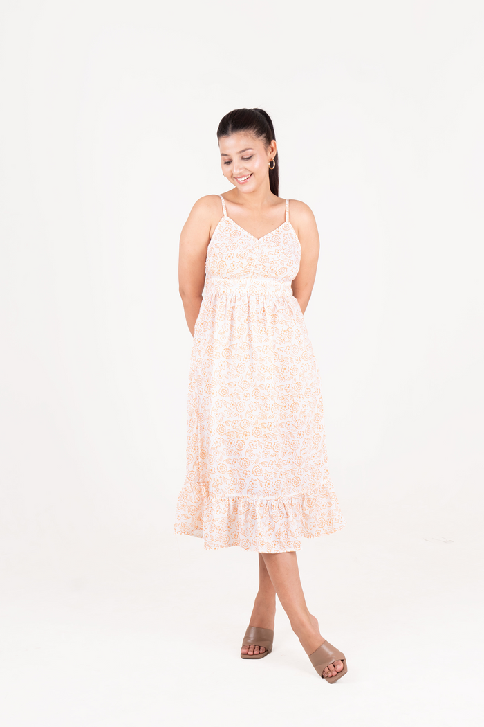 Cotton Beige Print Sleeveless Dress