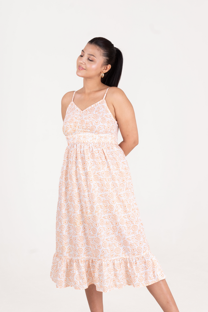 Cotton Beige Print Sleeveless Dress