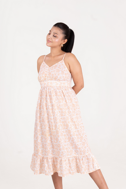 Cotton Beige Print Sleeveless Dress