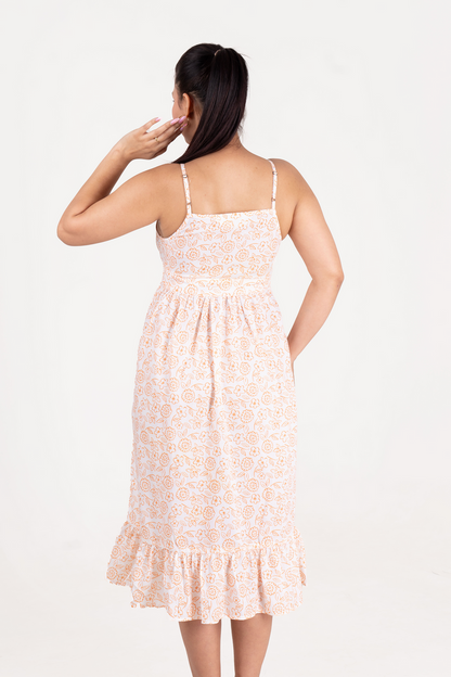 Cotton Beige Print Sleeveless Dress