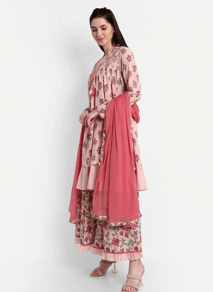 Cotton Floral Printed Kurta Set with Sharara & Dupatta