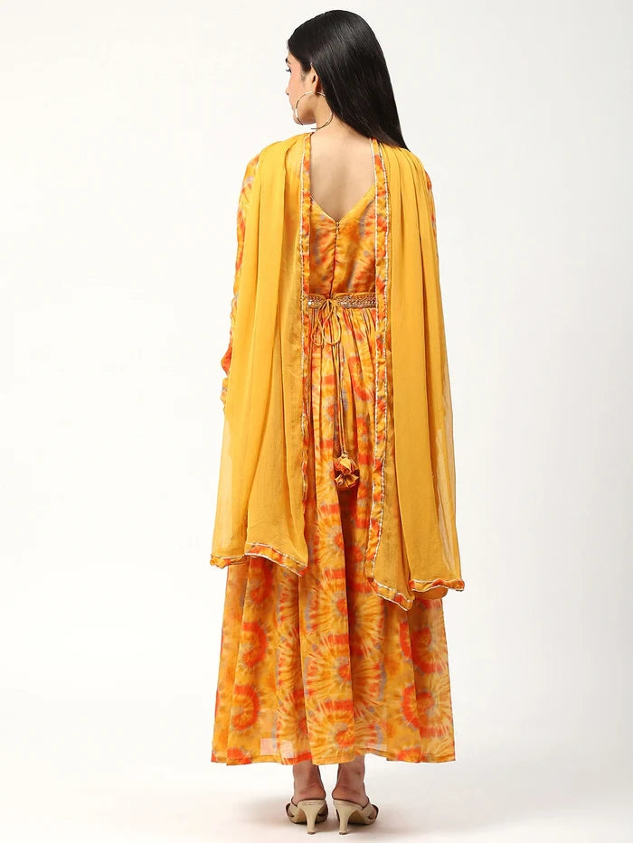 Cotton Printed Anarkali Dress with Dupatta and Belt