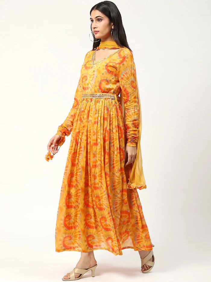 Cotton Printed Anarkali Dress with Dupatta and Belt