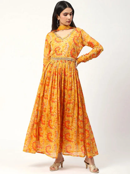 Cotton Printed Anarkali Dress with Dupatta and Belt