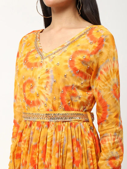 Cotton Printed Anarkali Dress with Dupatta and Belt