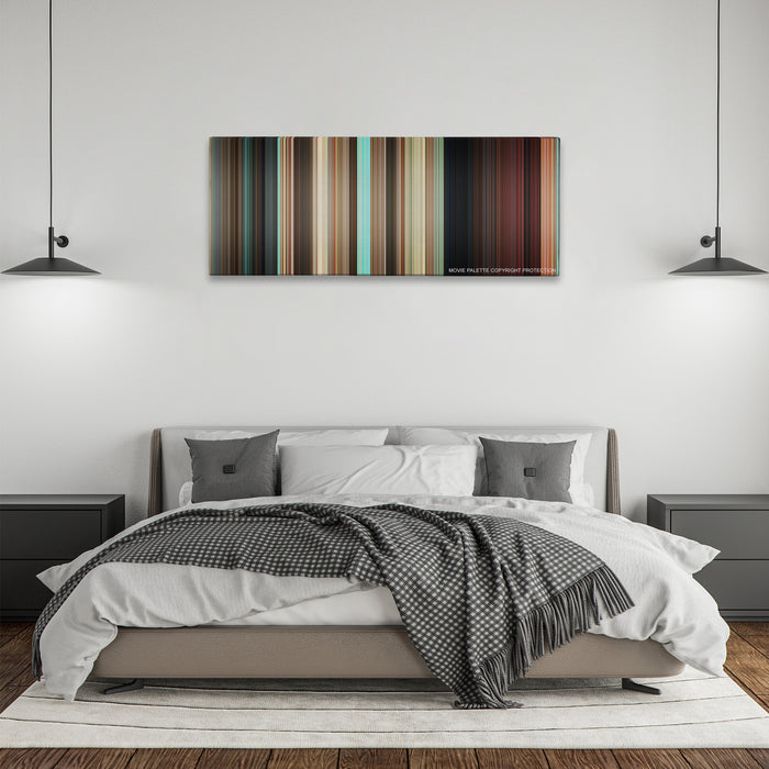 Couples Retreat color palette canvas above a bed, between two black pendant lamps