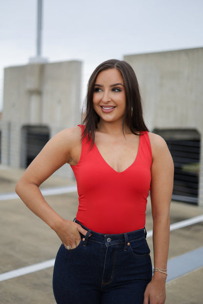 Daily Signature Knit V-Neck Bodysuit - Red