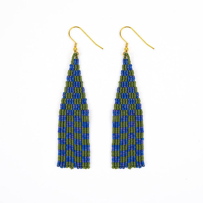 Delica Checkerboard Fringe Earrings - Blue Green