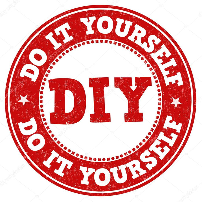 Red circular distressed vintage stamp with bold DIY letters and Do It Yourself text surrounding the border