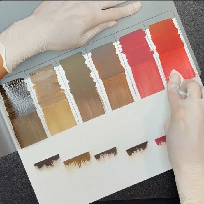 Permanent Makeup Pigment drawdown swatch page showing 6 pigment shades