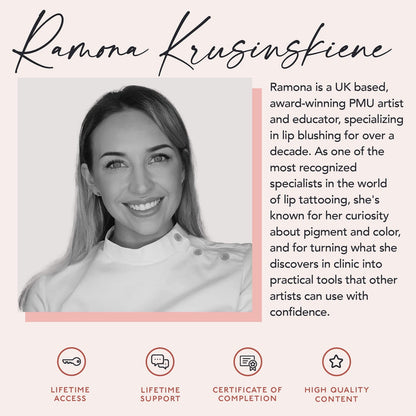 Ramona Krusinskiene PMU educator graphic featuring a portrait, aritst biography, and four key learning benefits.