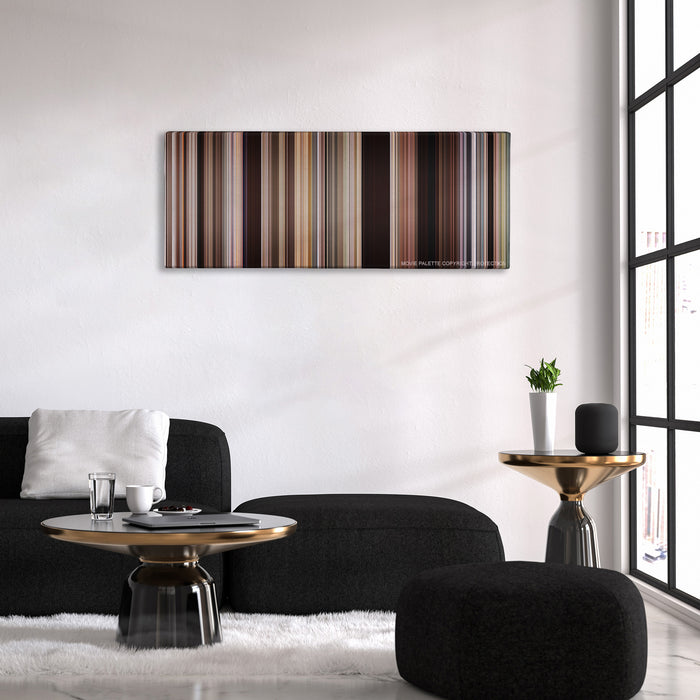 Easy Rider color palette canvas above a black sofa with a gold-topped table