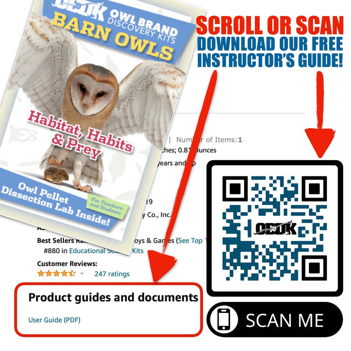 20 Small Pellet Pack + Tools + Guide featuring barn owl education resources and QR code for instructor guide download.