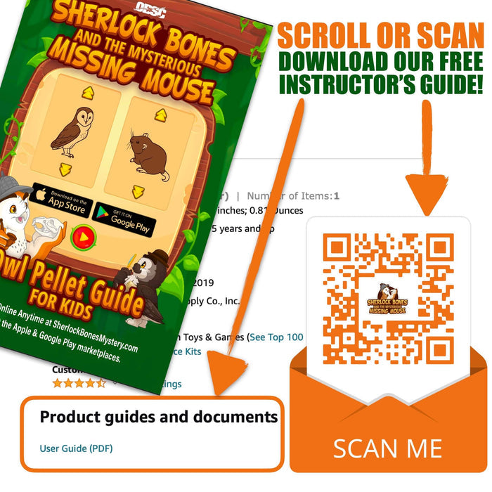 20 Medium Pellet Pack + Tools + Guide with QR code for Owl Pellet Guide for Kids and instructor's guide download.