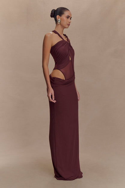 Edwina Knotted Mesh Maxi Dress - Mahogany