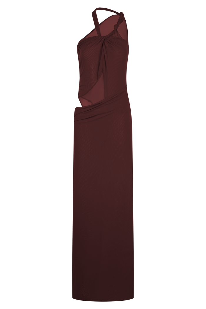 Edwina Knotted Mesh Maxi Dress - Mahogany
