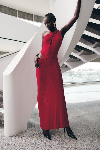 Edwina Knotted Mesh Maxi Dress - Red