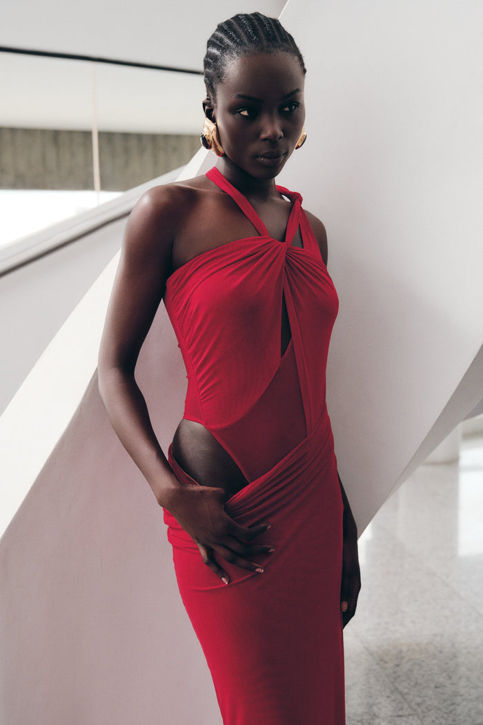 Edwina Knotted Mesh Maxi Dress - Red
