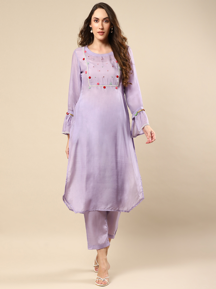 Elegant Purple Kurta with Embroidered Handwork and Matching Pants