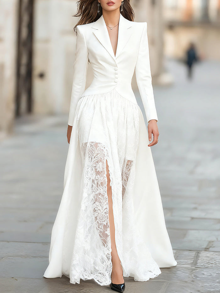 Elegant Tailored Blazer Panel Lace Gown Set