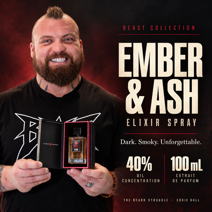 Eddie Hall holding the open box of Beast Ember & Ash Elixir Spray, 40% oil concentration, 100 ml extrait de parfum