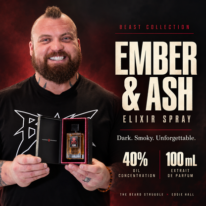 Eddie Hall holding the open box of Beast Ember & Ash Elixir Spray, 40% oil concentration, 100 ml extrait de parfum