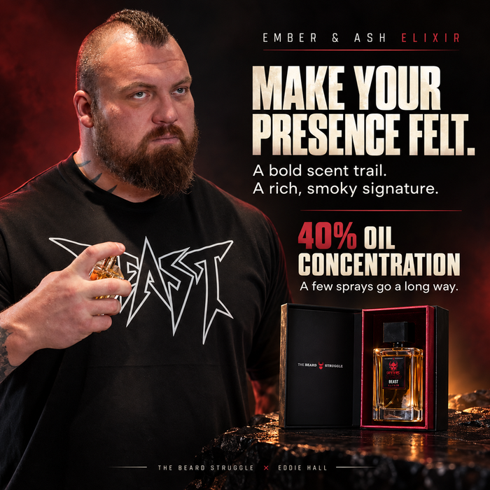 Eddie Hall applying Beast Ember & Ash Elixir Spray with the bottle and box in front, headline Make Your Presence Felt, 40% oil concentration