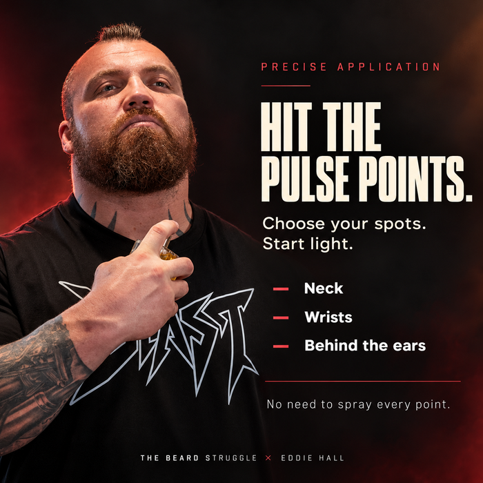 Eddie Hall spraying Beast Ember & Ash Elixir Spray on his neck, pulse points listed: neck, wrists, behind the ears