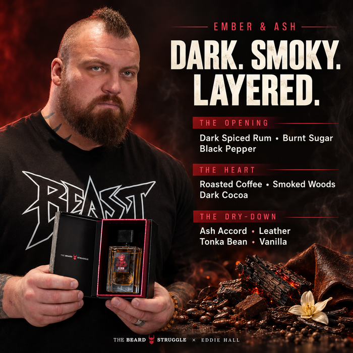 Eddie Hall holding Beast Ember & Ash Elixir Spray with the scent pyramid: dark spiced rum and burnt sugar, roasted coffee and smoked woods, ash accord, leather, tonka bean and vanilla