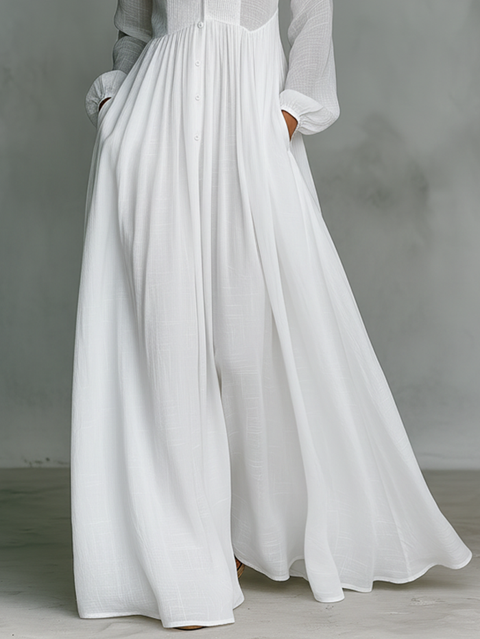 ESSENTIAL - Maxi Minimalist Dress in Cotton & Linen with Patchwork, High Collar and Long Sleeves