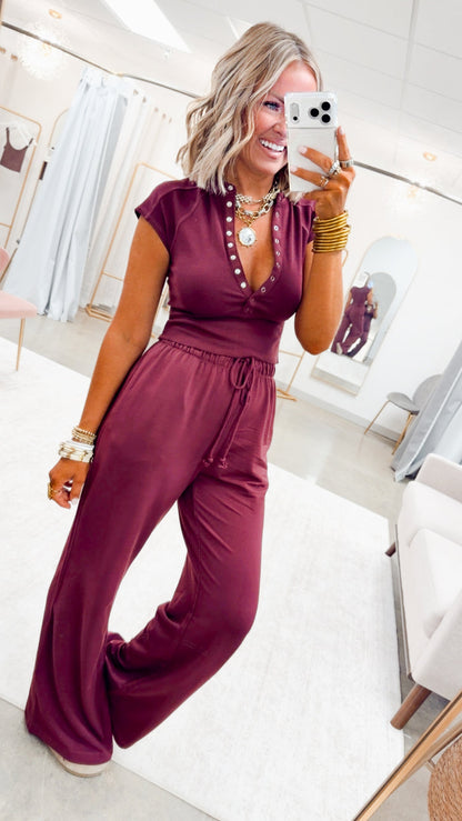 Evie Raglan Top & Pant Set-Wine