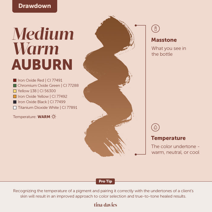 Tina davies FADE Medium Warm Auburn Eyebrow Pigment Drawdown Color Swatch, Pigment CI Codes, and temperature