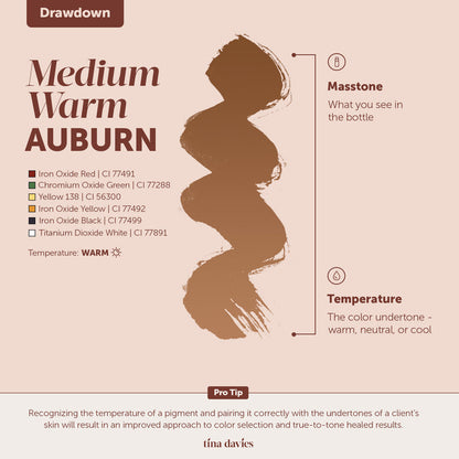 Tina davies FADE Medium Warm Auburn Eyebrow Pigment Drawdown Color Swatch, Pigment CI Codes, and temperature