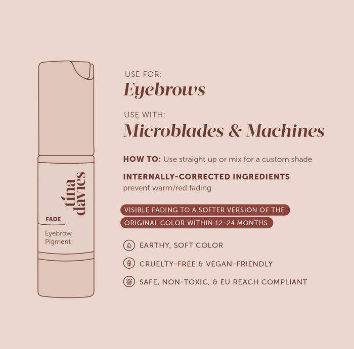 Tina Davies FADE Eyebrow Pigment Product Benefits Infographics, cruelty-free, non-toxic pigments