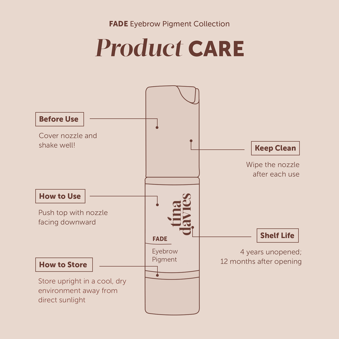 Tina Davies FADE Eyebrow Pigment Product Care Infographic, showing Shelf Life, Storage Instructions & How to Use