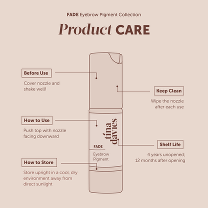 Tina Davies FADE Eyebrow Pigment Product Care Infographic, showing Shelf Life, Storage Instructions & How to Use