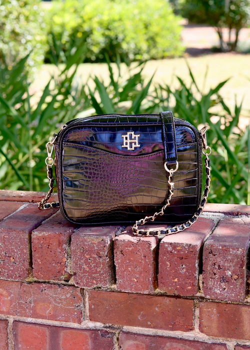 Caroline Hill handbag Fiona Crossbody - Black Embossed Croc patent leather