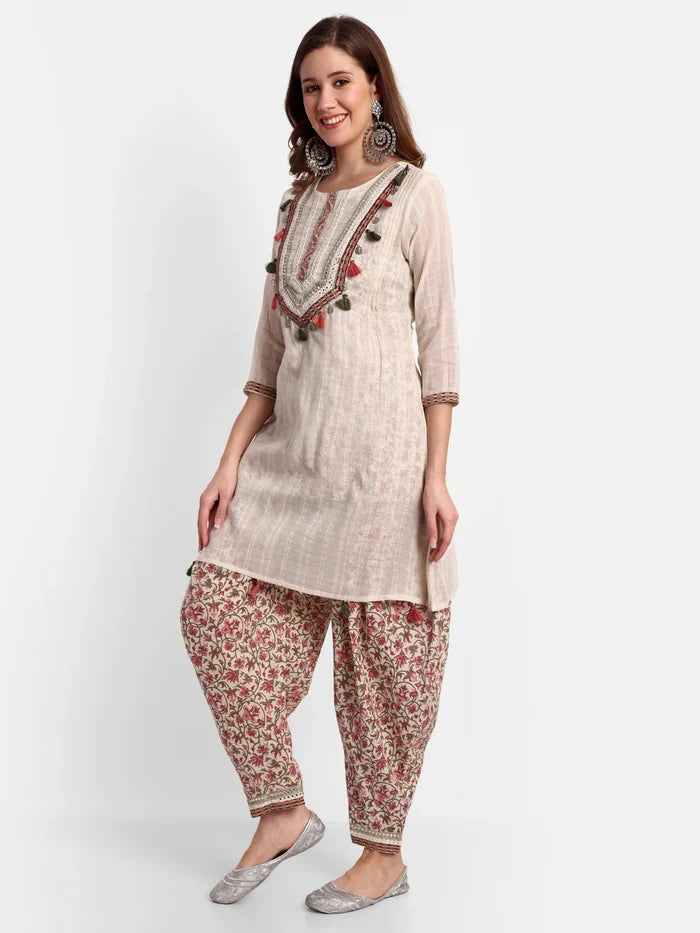 Floral Printed Yoke Design Work Pure Cotton Kurti With Dhoti Pant &amp; Dupatta