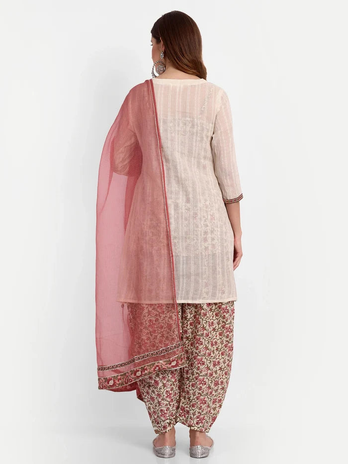 Floral Printed Yoke Design Work Pure Cotton Kurti With Dhoti Pant &amp; Dupatta