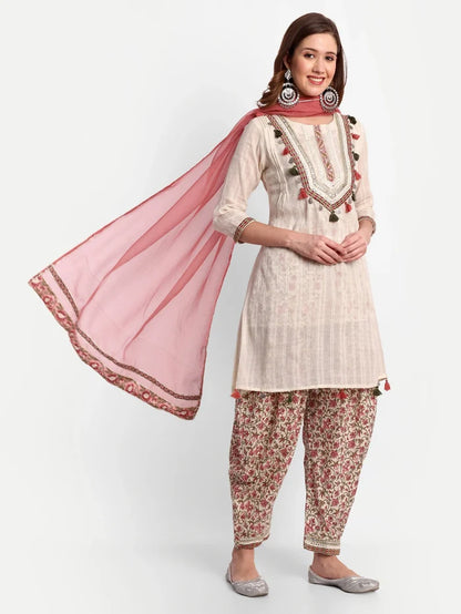 Floral Printed Yoke Design Work Pure Cotton Kurti With Dhoti Pant &amp; Dupatta