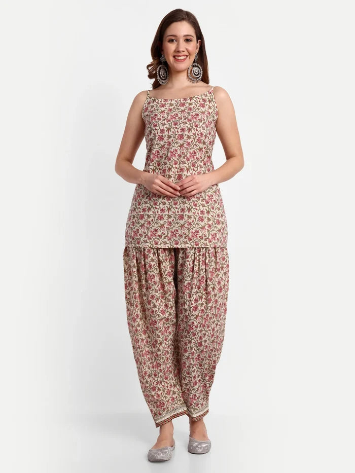 Floral Printed Yoke Design Work Pure Cotton Kurti With Dhoti Pant &amp; Dupatta