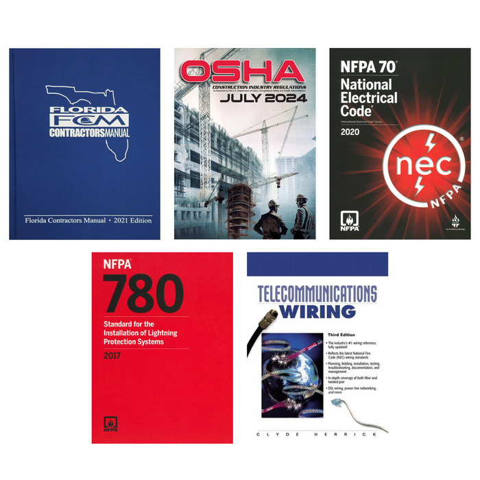 Five Florida contractor and electrical code manuals including OSHA July 2024 and NFPA standards covers
