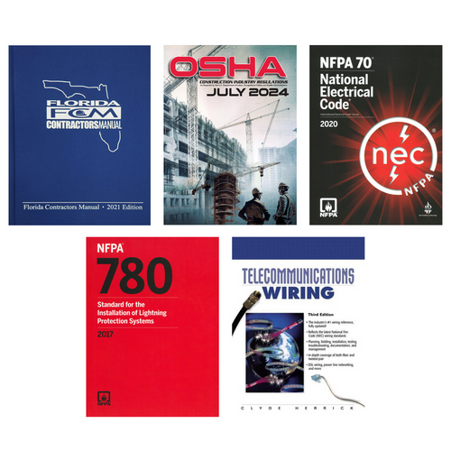 Five Florida contractor and electrical code manuals including OSHA July 2024 and NFPA standards covers