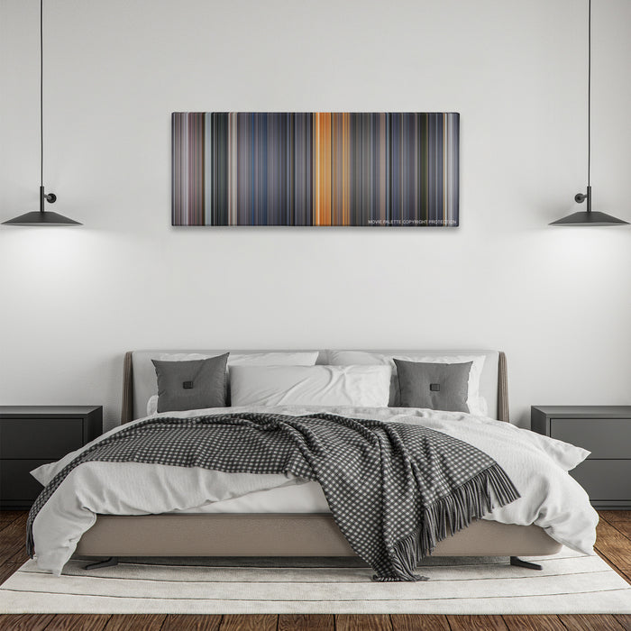 Galaxy Quest color palette canvas above a bed, between two black pendant lamps